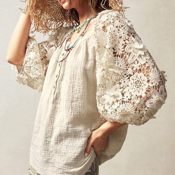 White Boho Women's Bohemian Plain Woven Loose Front Button Blouse - Picture 3 of 7